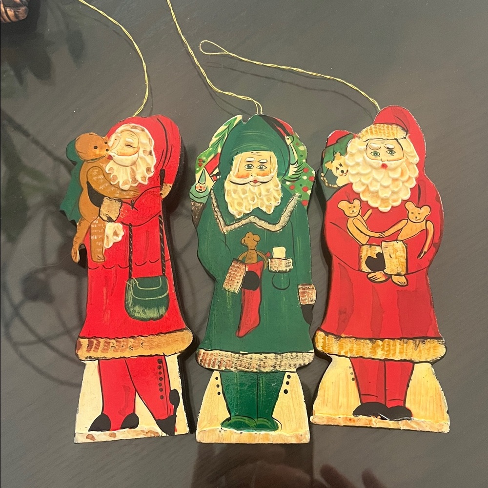 SET OF 3 vintage ornaments HAND PAINTED FLAT WOODEN SANTA 6”